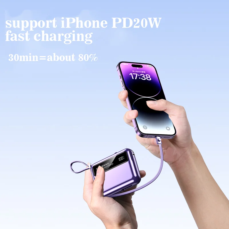 10000mAh Mini Power Bank Portable Fast Charger With Cable TypeC External Spare Battery Small Powerbank For iPhone Xiaomi Samsung