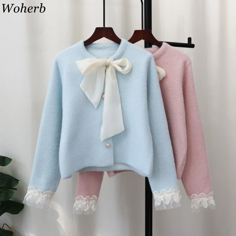 

Ropa Mujer 2022, женский милый кардиган, корейский круглый вырез, бандажный бант, длинный рукав, Sueter Mujer Y2k, кружевной лоскутный шикарный вязаный свитер