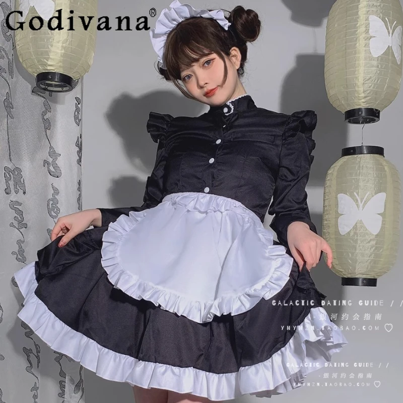 

L-5XL Large Size Heavy Industry New Chinese Lolita Maid Uniform Cos Sexy Female Spring Black Ruffles Lace Stand-up Collar Dress