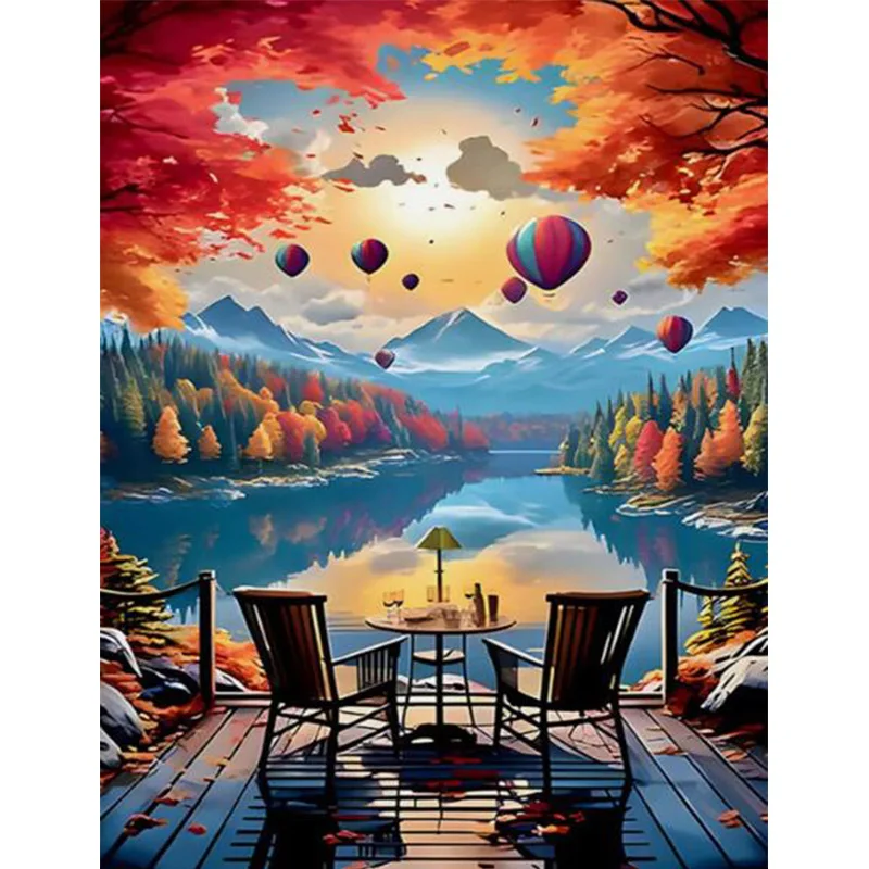 AB Diamond Diamond Painting Hot air balloon in red maple forest Embroidery Kit Wall Decoration Hanging Painting