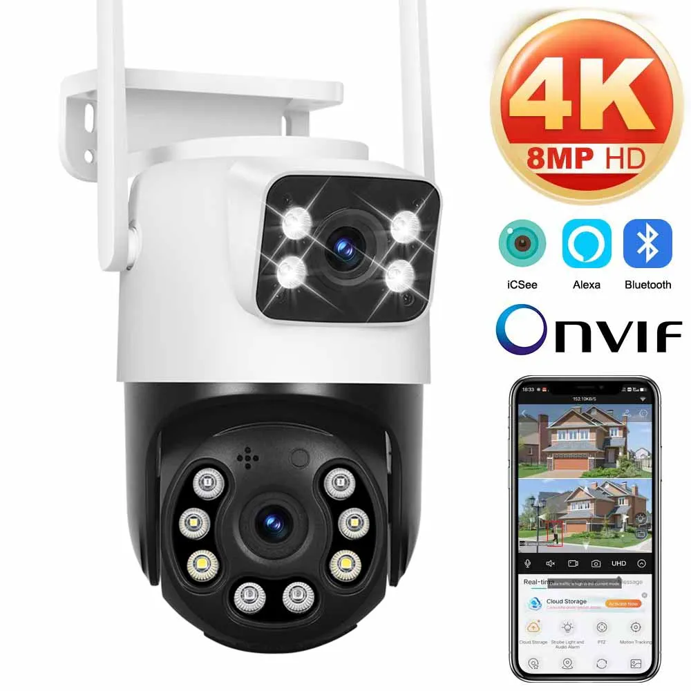 Dual Lens Wifi Camera Outdoor 4K 8MP PTZ Night Vision Dual Screen Human Detection 4MP Security Protection Surveillance IP Camera