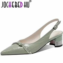 【JOCHEBED HU】Women Brand Wedding Party Prom Sandals Spring Summer Rhinestone Thick Heels Metal Square Toe Shoes Fashion Elegant