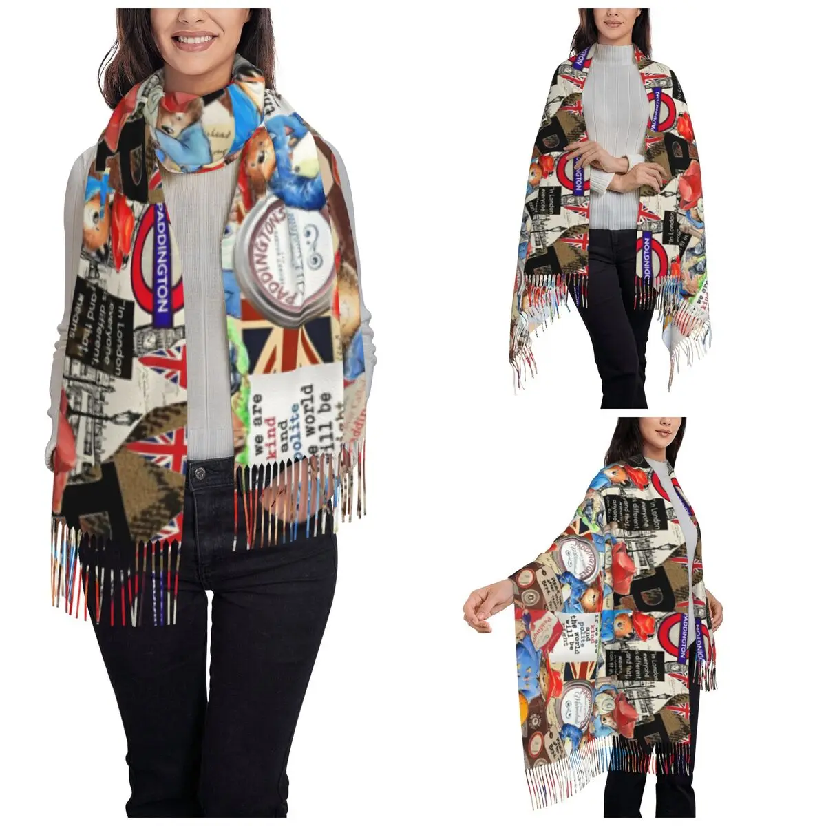 Britain Paddington Brown Bear Scarf Women Winter Fall Pashmina Shawls and Wrap Cute Cartoon Long Large Scarves with Tassel