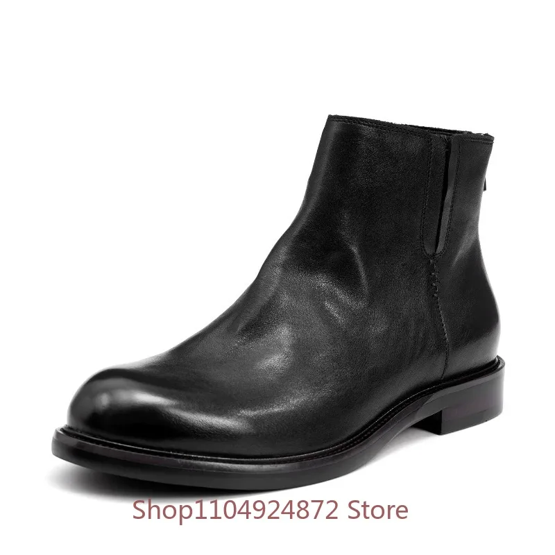 Men Black Genuine Leather Ankle Boots Back Zipper Business British Chelsea Handmade Hiking Outdoor Casual Work Ankle Boots Male