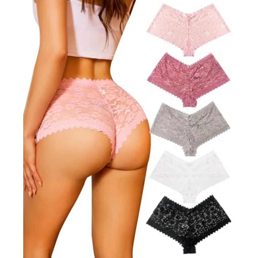 

RSLOVE Lace Cheeky Underwear for Women V Waist Breathable Stretch Panties 5 Pack for Comfort