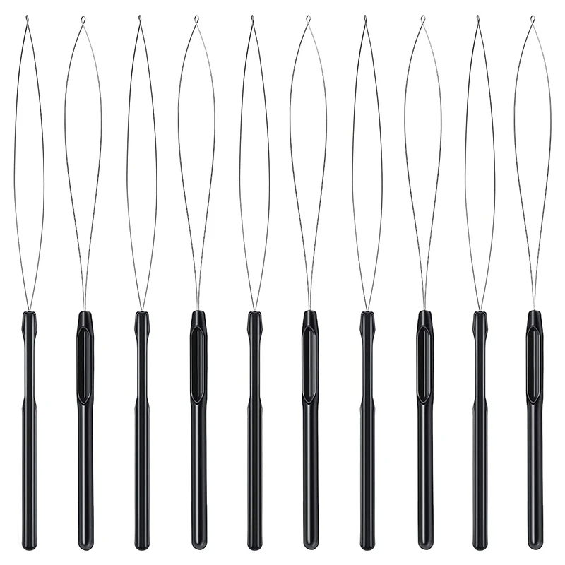 10Pcs Hair Extension Loop Threader Hook Tool And Bead Tool Black Loop Threader For Hair Extension Or Feather Extender