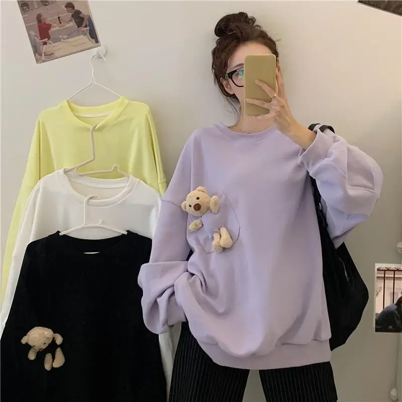 Autumn Three-dimensional Pocket Bear Sweatshirt Women's Solid Oversized Casual Thin Hoodie Long Sleeve Sweatshirt Women y2k Tops