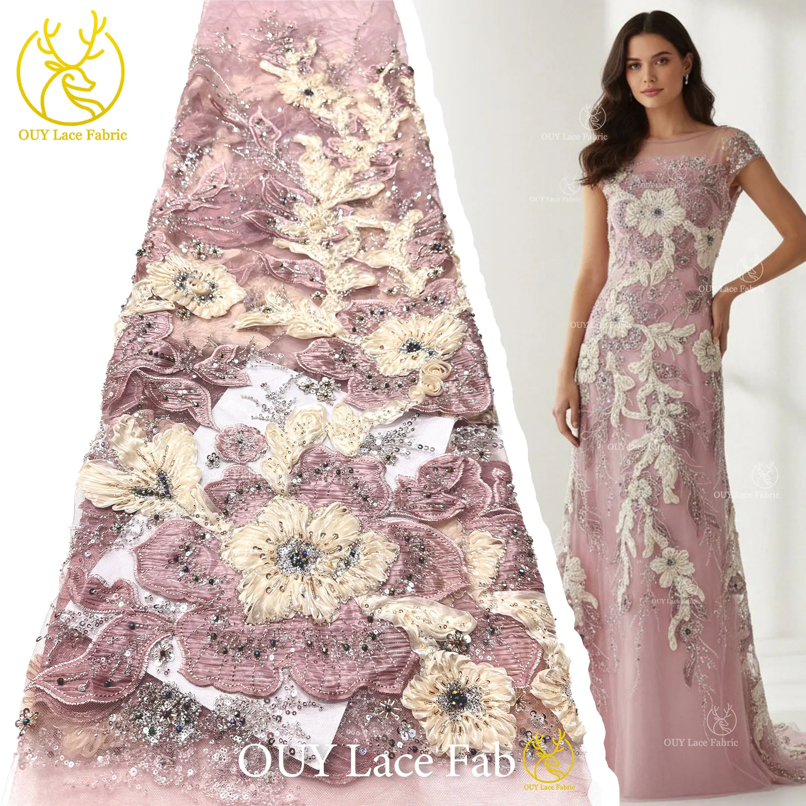 

Elegant French 3D Tulle Lace Fabric 5 Yards Nigerian High Quality African Beaded Sequins Lace Fabric For Women Wedding Dress