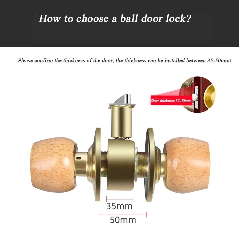 1 Set Wood and Metal Internal Door Lock Round Ball Door Knobs Handle with Key for Bedroom Living Room Bathroom Hardware