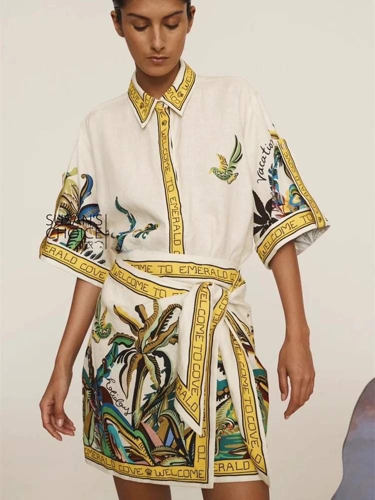 Set Rok dan Atasan Wanita Susan Australian Holiday Sle Retro Yellow Print Linen Loose Fit