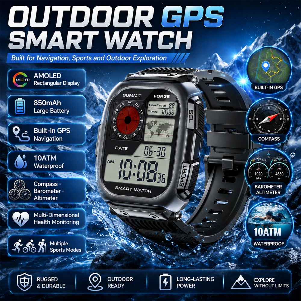 Military BUILT-IN GPS 10ATM Waterproof Smart Watch Barometer Compass  HD AMOLED Outdoors Sports Fitness Smart Watch Men 2026