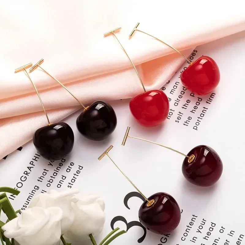 LATS New Cute Simulation Red Cherry Earrings for Women Girl Sweet Resin Hot Sale Earring Student Fruit Fashion Jewelry Gift