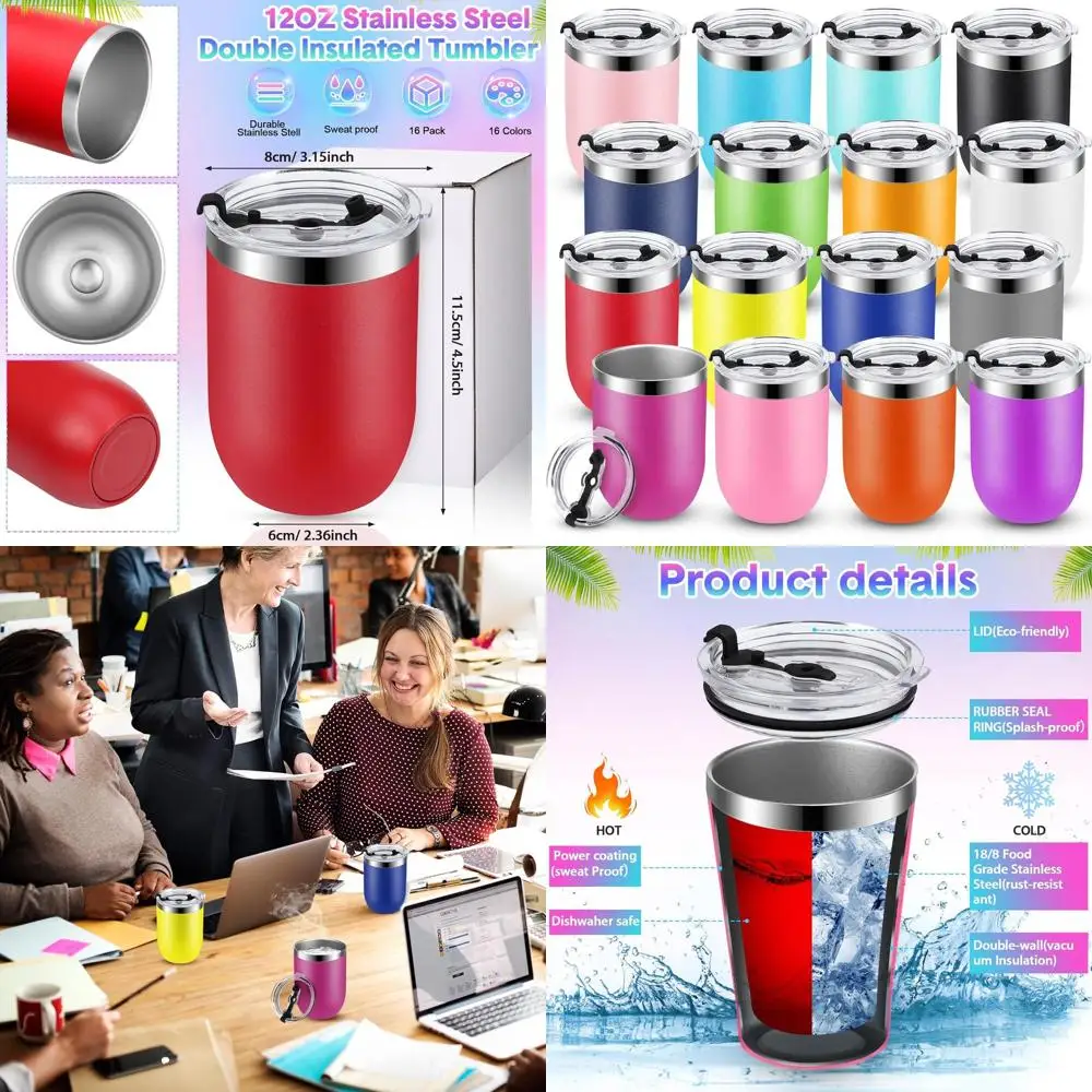 

16-Pack Insulated Stainless Steel 12oz Double Wall Travel Mugs with Lids for Cold and Hot Drinks