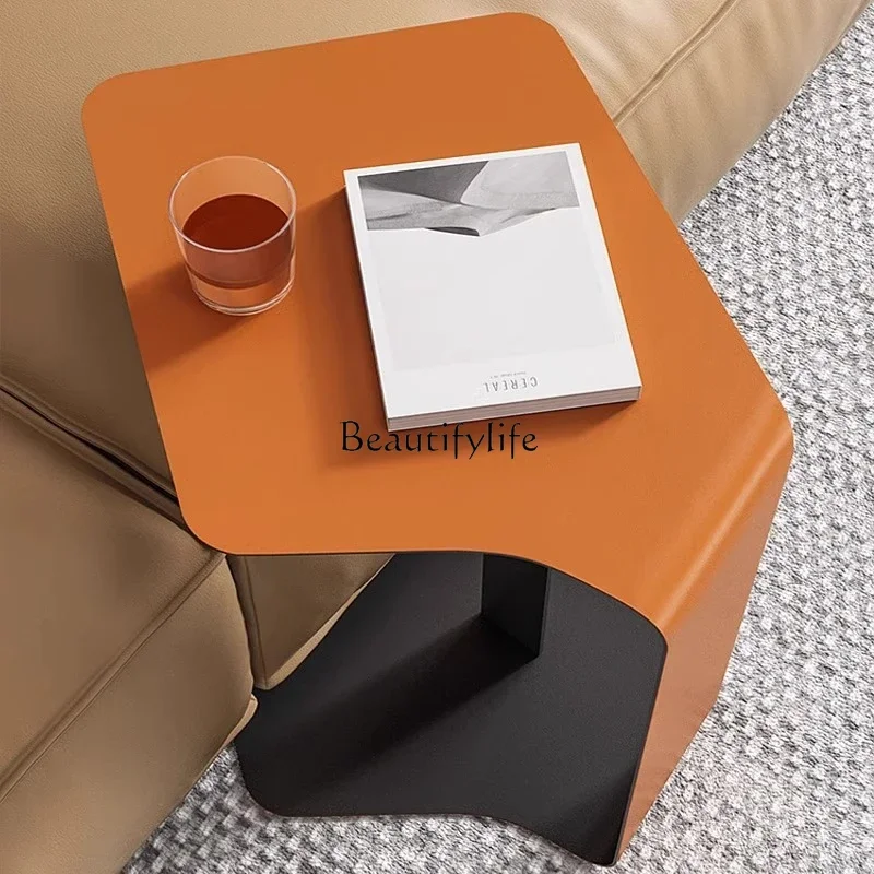 pg45Italian Light Luxury Minimalist Small Coffee Table Modern Bedside Creative Saddle Leather Sofa Irregular Corner Table