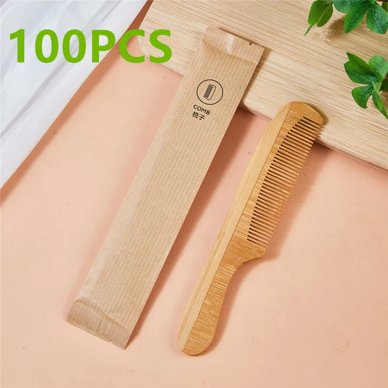 100pcs Natural Bamboo Wooden Hair Comb Set Anti-Static Wide Tooth Wood Hair Brush Individually Package for travel hotel home use