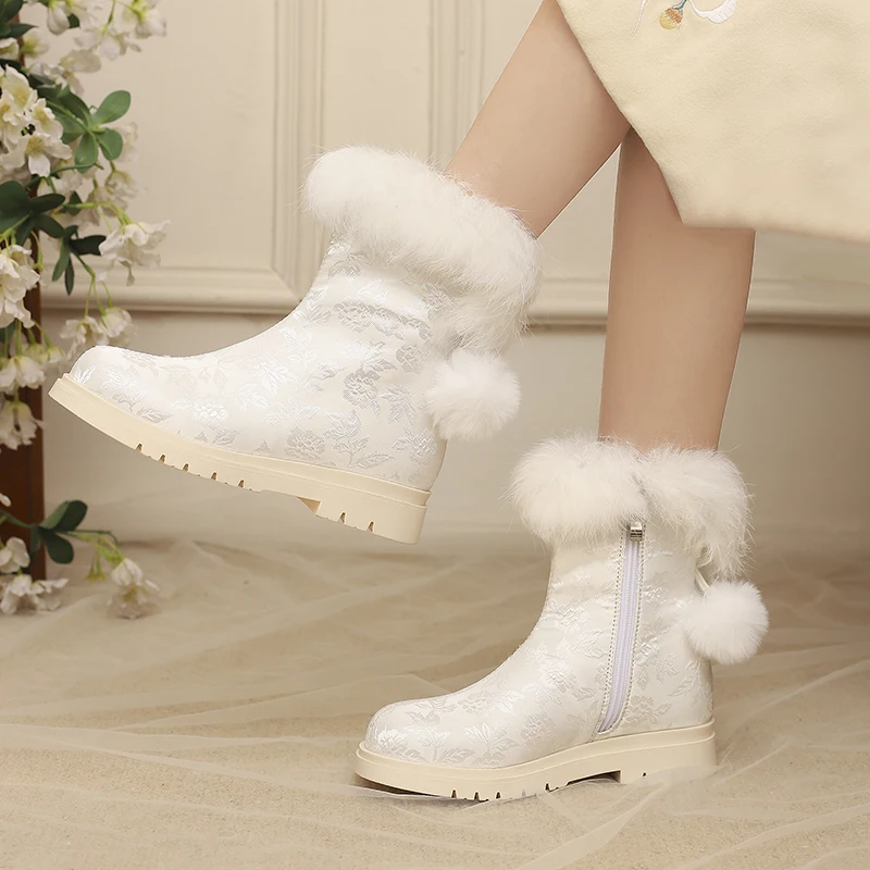 

YQBTDL 2026 Sweet Black White Beige Fur Ankle Snow Boots Girls Thick Sole Ball Winter Full Fur Footwear Daily Princess Shoes