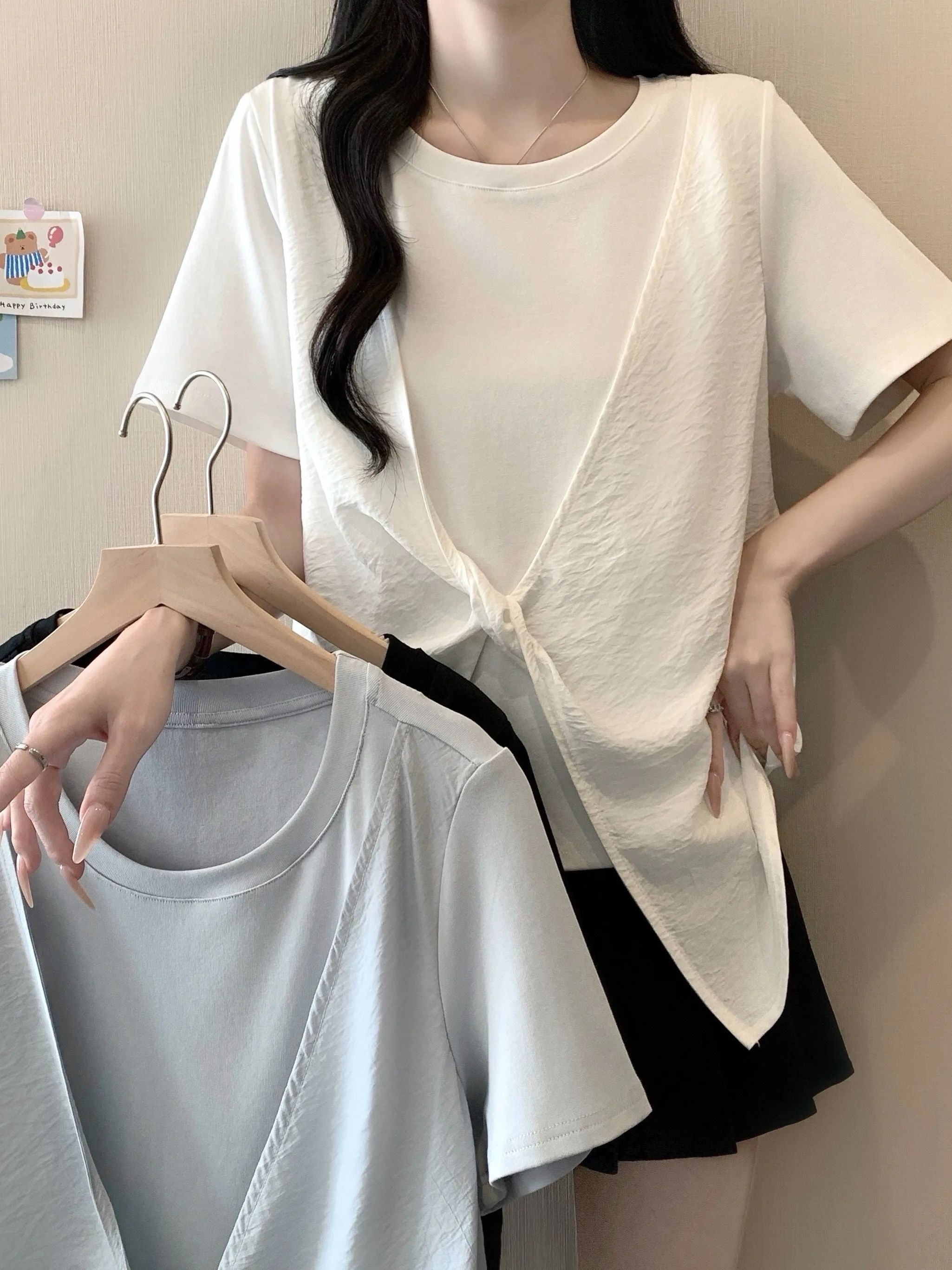 

plus Size Women's Short Sleeve T-Shirt Korean Style Commute Fashion Loose Fit Summer New Design Slimming Effect Top