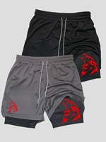 2pcs Men'S 2-in-1 Double Layer Wolf Print Athletic Shorts Running and Fitness Gear