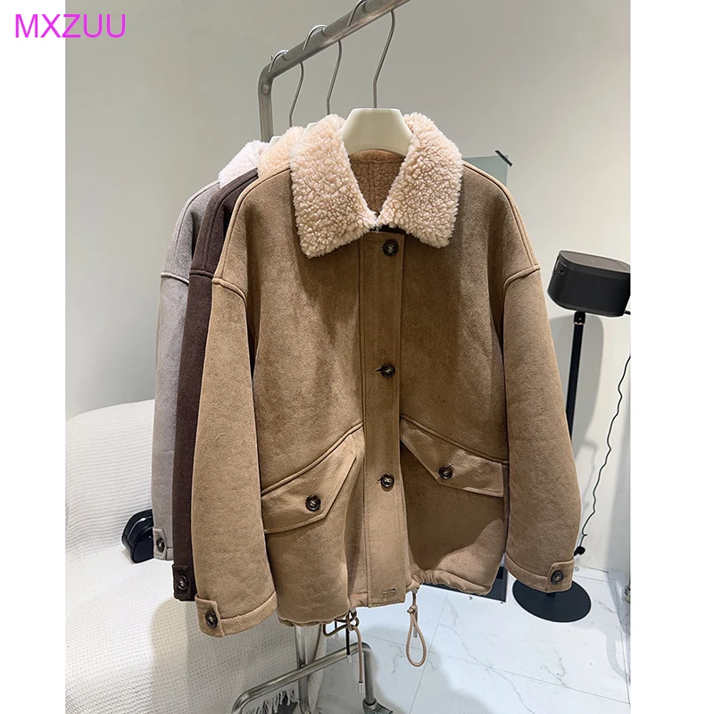 

Женские зимние винтажные меховые куртки с отложным воротником из замши, с шерстяной подкладкой, на одной пуговице, на молнии, свободного кроя, теплые меховые пальто (Casaco Feminino)