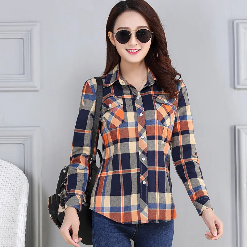 2023 New Hot Sale Women\'s Shirts Tops Cotton Flannel Long sleeve Plaid Shirt Elegant Female College Style Basic Blouses Clothes