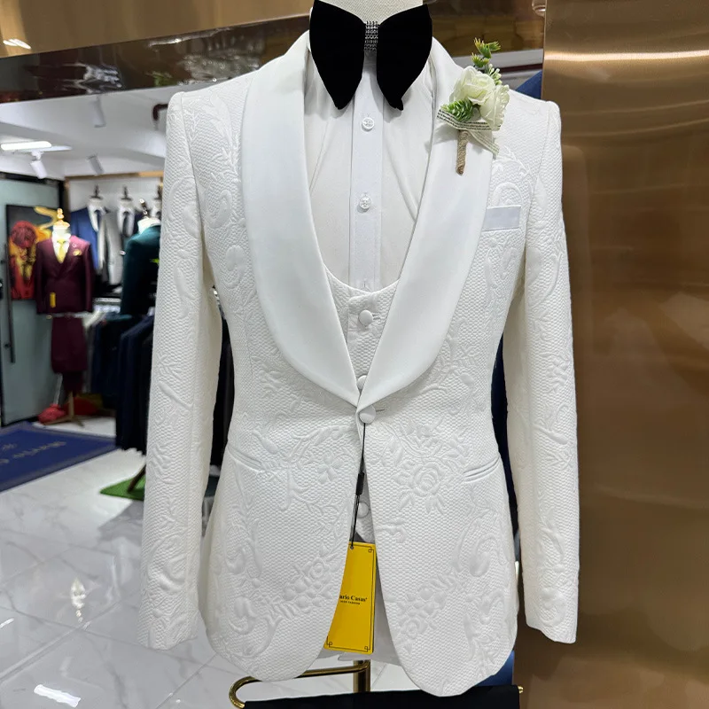 Men Wedding Suit White 3 Piece Set Jacquard Jacket Vest Black Pants Custom Slim Fit Casual Host Party Formal Wear