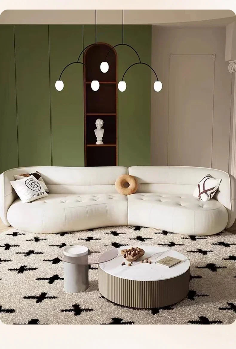 

Cream wind leather sofa, living room curved large sitting deep concubine corner sofa