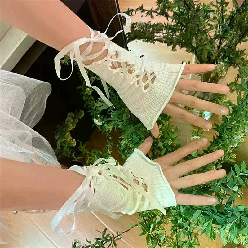 Strapping Lace Fingerless Hot Sexy Arm Sleeves DIY Lace-up Sunscreen Gloves Elastic Mesh Punk Gloves Clothing Accessories Women