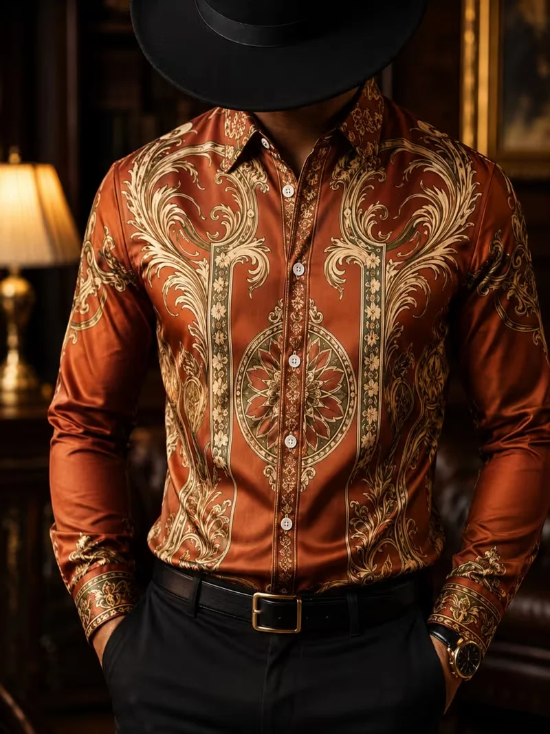 New Men's Rose Skull Retro Newspaper Stamp Printed Long Sleeve Shirt Matte Smooth Satin Collar Top Clothing