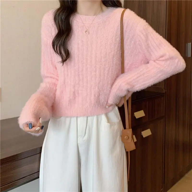 

Short Sweater Fluffy Warm Pullover Women's Round Neck Jumper Autumn Winter Long Sleeve Tops Korean Fashion Y2k Sweaters 2023