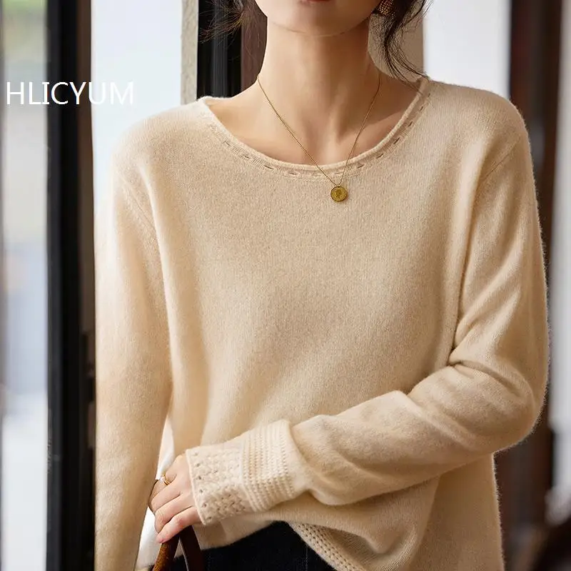 HOT Winter Women's Oversize Sweater edge curl O-neck Vintage Pullover Jumper Basic White Female Warm Knitted Tops Loose Blouse