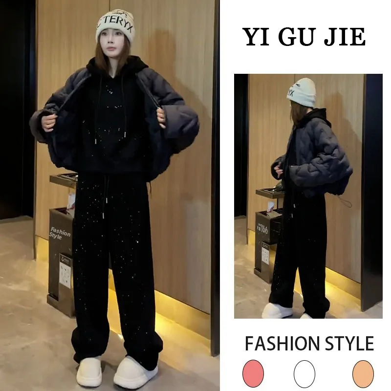 ชุดเสื้อฮู้ดดี้มีซับในและกางเกงลำลอง ดีไซน์ทันสมัย สำหรับผู้หญิง แฟชั่นฤดูใบไม้ร่วง ฤดูหนาว ผ้าฝ้ายเนื้อนุ่ม อุ่นสบาย