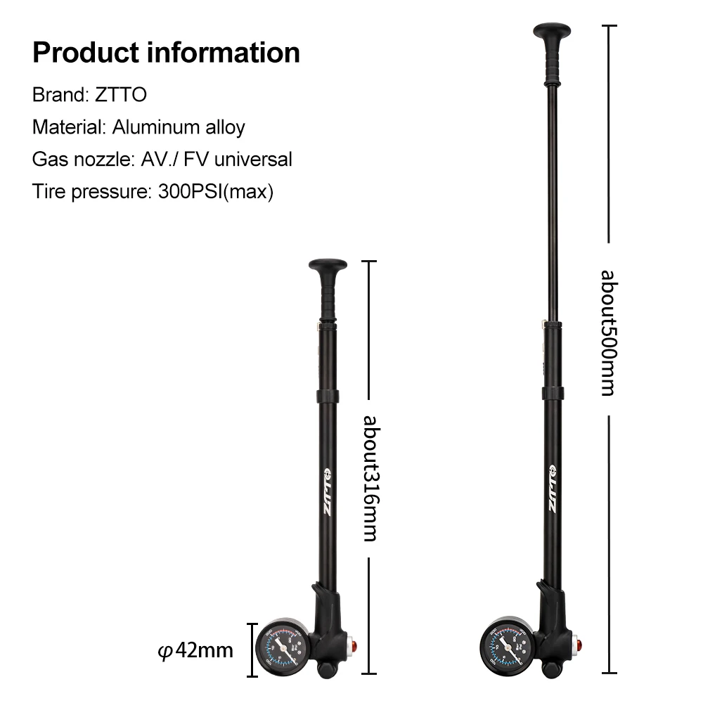 ZTTO 300PSI Bicycle Air Pump High Pressure MTB Bike Shock Pump With Schrader Presta Valve Gauge for Front Fork Rear Suspension