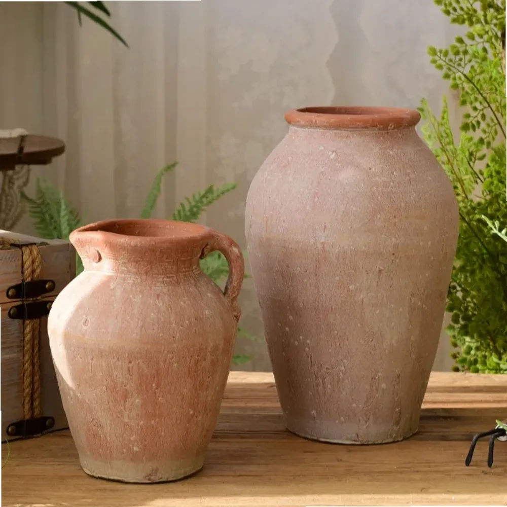 Retro Clay Pot Large Diameter Ceramic Porous Flower Vase Plant Pots Simple Red Clay Dry Flower