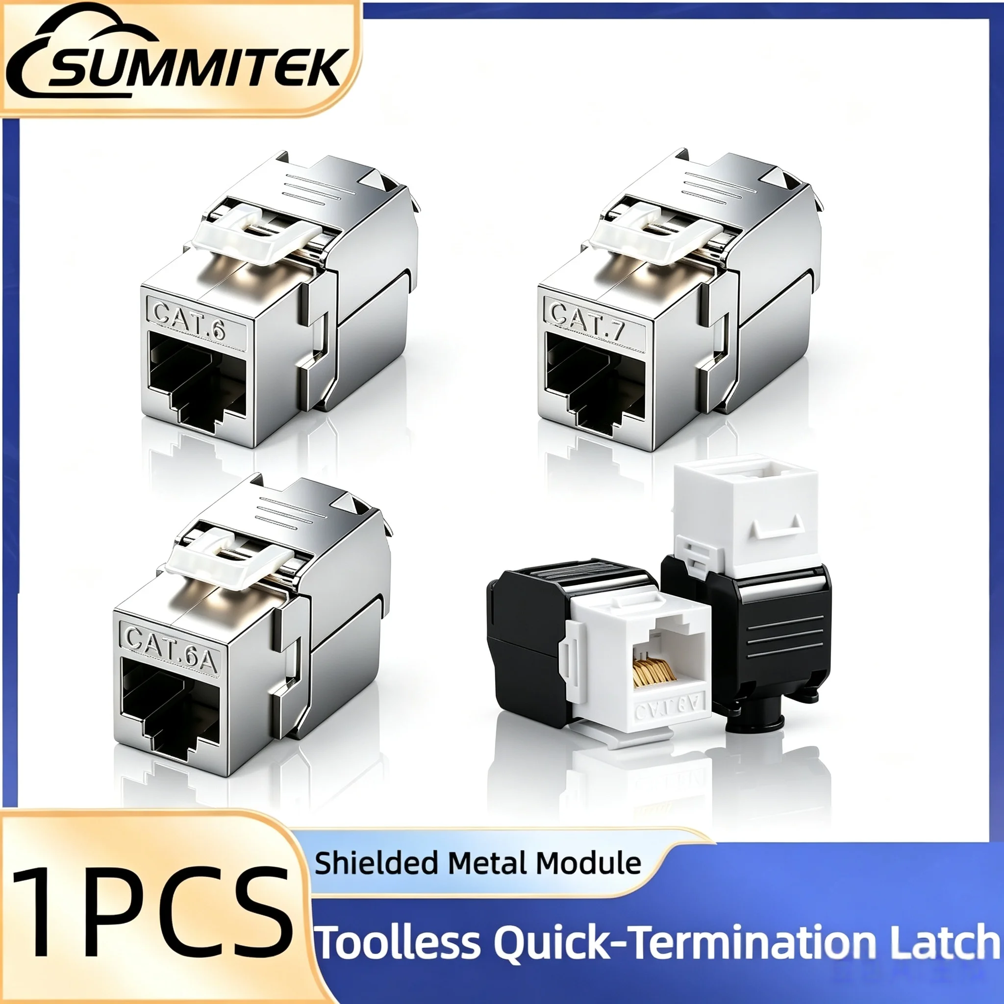 SUMMITEK CAT6 CAT6A CAT7 RJ45 Pass Through Gigabit Ethernet Keystone Jack Network Shielded Tool-Free FTP Zinc Alloy