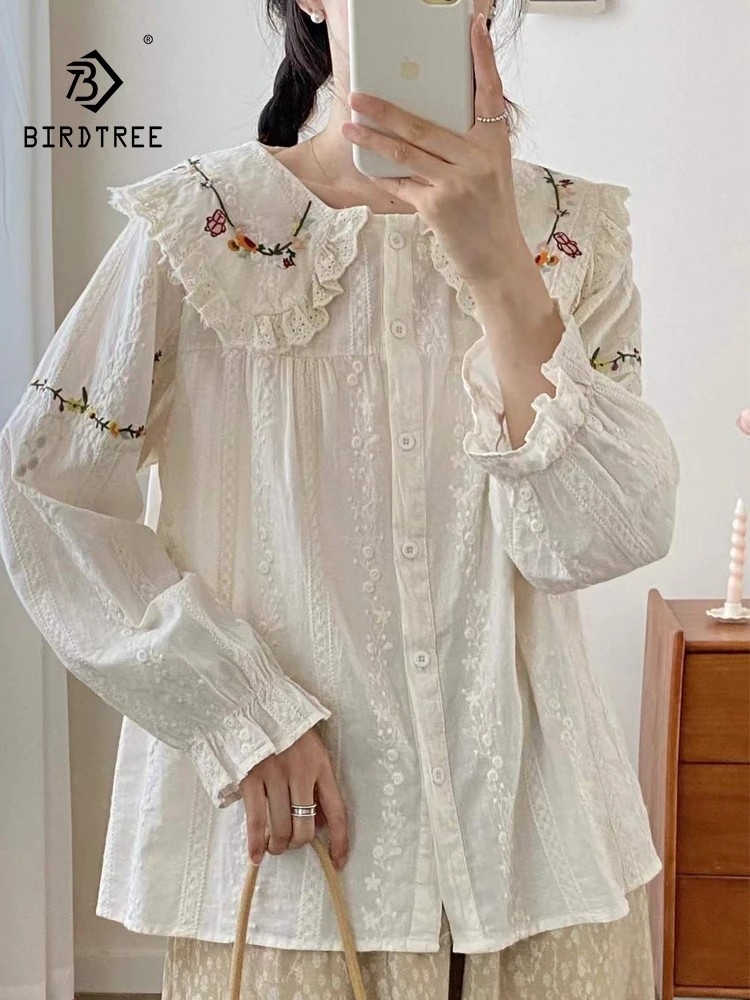 

New 2025 Autumn Cotton Long Sleeve Shirt, Women Peter Pan Collar Embroidery, Mori Girl Sweet Gentle Loose Doll Blouse T59448CC