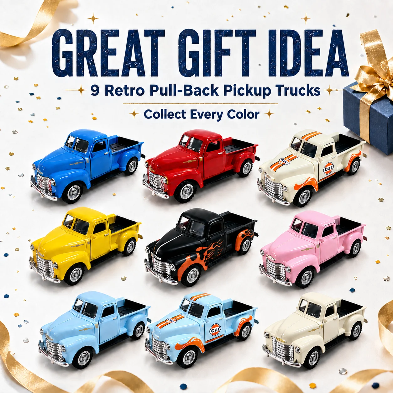 MQUDUO Retro Pickup Truck Toy Car, Alloy Friction Powered Model with Opening Doors, Tailgate and Birthday Gift