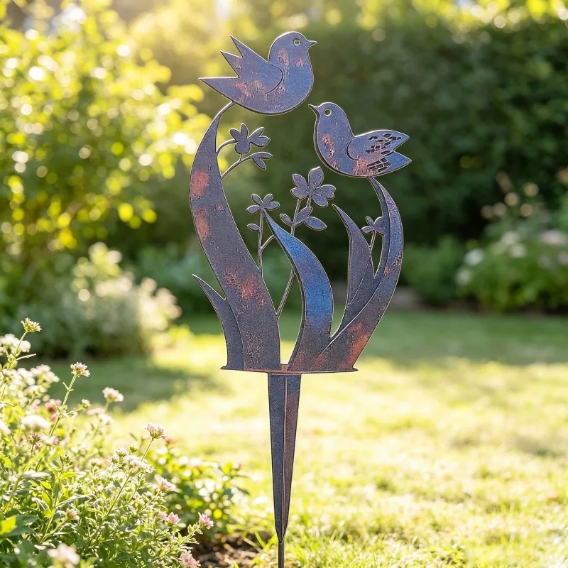 Vintage Rustic Wrought Iron Bird Wildflower Ground Stake Antique Finish Metal Ornament American Country Garden Yard Decor