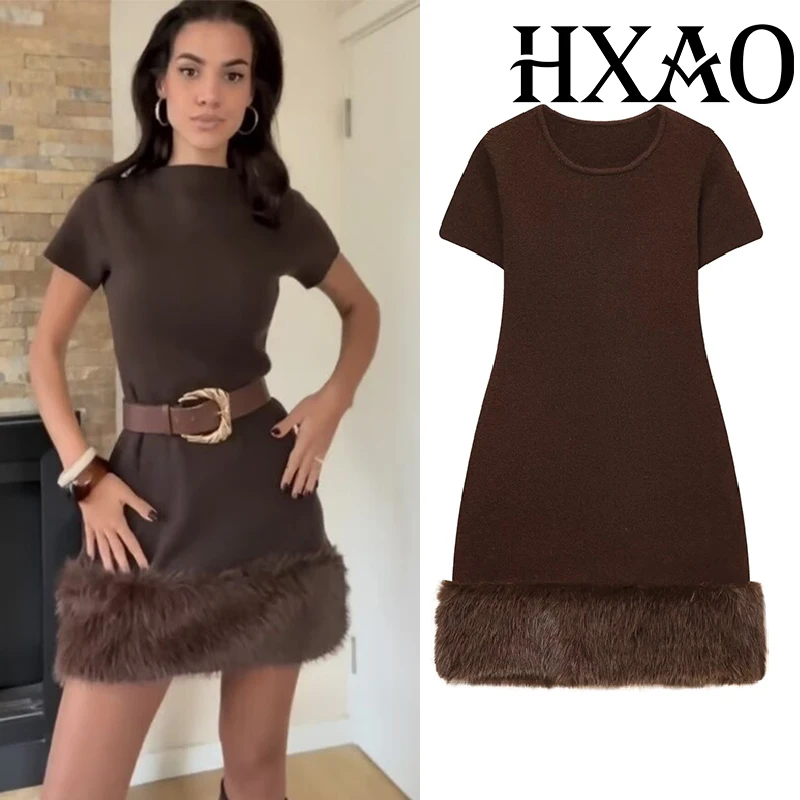 HXAO Gestrickte Damenkleider Kunstpelz Kurze Kleider Für Frau Herbst Braun Minikleid Kurzarm Elegante Freizeitkleider