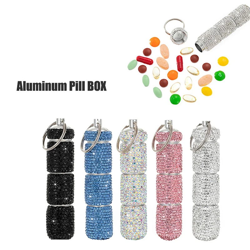 

Sparkling Diamond Medicine Bottle Zinc Alloy Keychain Pill Box Mini Waterproof Medicine Jar First-aid Vial Sealed Tablet Phial