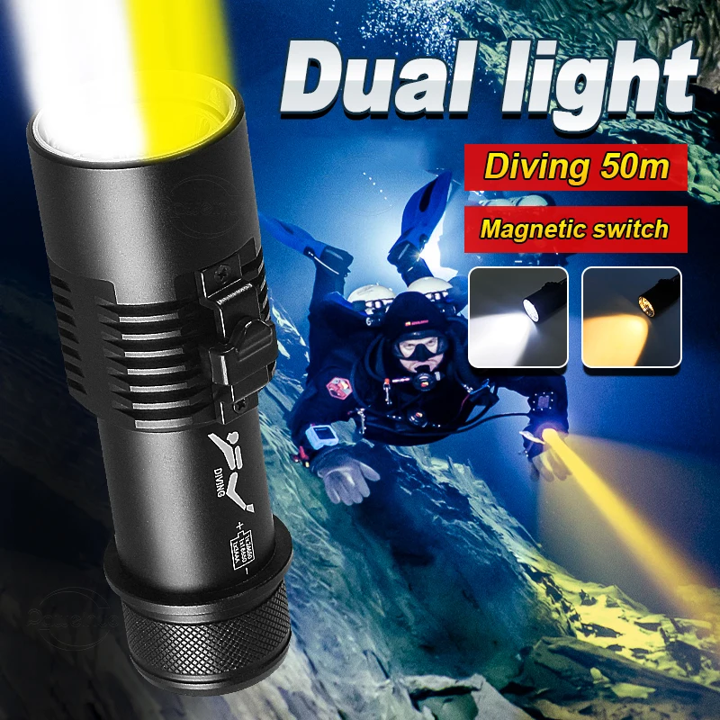 Powerful LED Professional Diving Flashlight High Power Rechargeable LED Dive Lantern Yellow Light Torch For Underwater IPX8