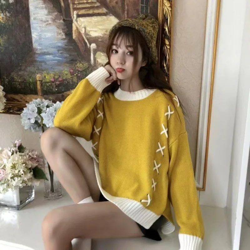 Women Spring Autumn Yellow Patchwork Knitted Pullover Sweaters Sweet O-Neck Front Short Back Long Slit Knit Pullover Cottagecore