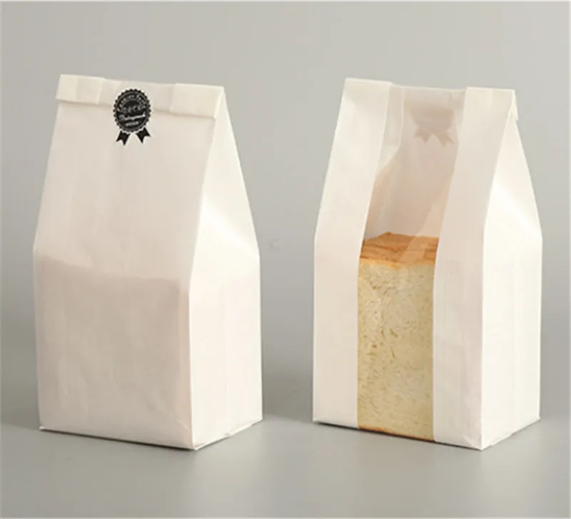 100Pcs 450g Bread Oil-Proof Food Paper Bag Window Transparent Toast Baking Packing Bags Brown White Solid Color