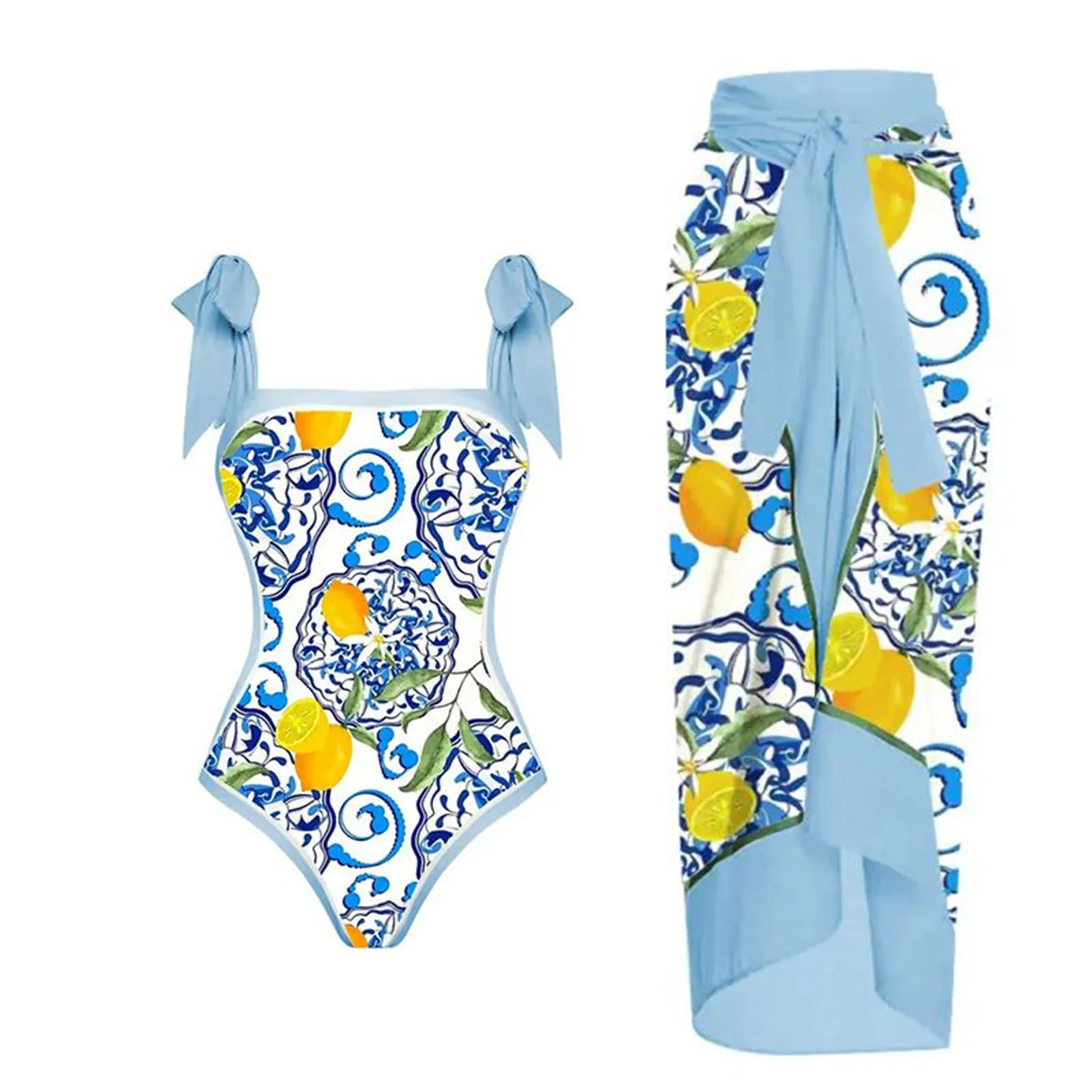 Women's Vintage Swimsuit Lemon Print 1 Swimwear+1 Cover UP Two Vintage Print Swimsuit Monokini Bikini 2 Board Shorts Women Swim