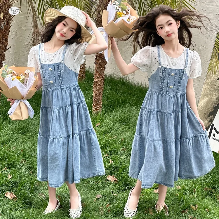 Girls Puff Sleeve Top Denim Strapless Dress Set 2026 Summer New Middle Big Kids French Long Dress Two Piece Set