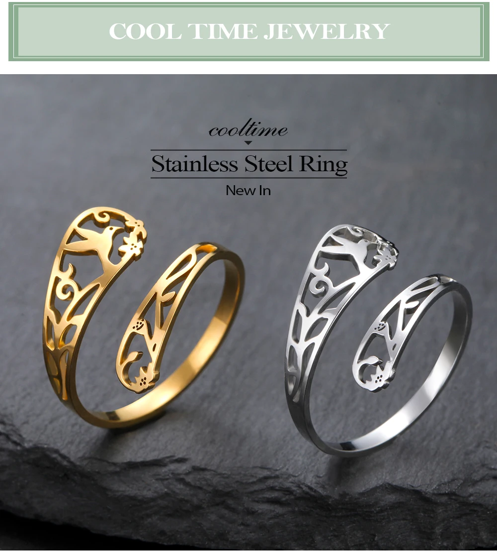 COOLTIME Blumen- und Vogel-Damenring, Edelstahl, verstellbar, modischer Blumen-Fingerring, Schmuck, Geburtstagsgeschenk – Detail 1