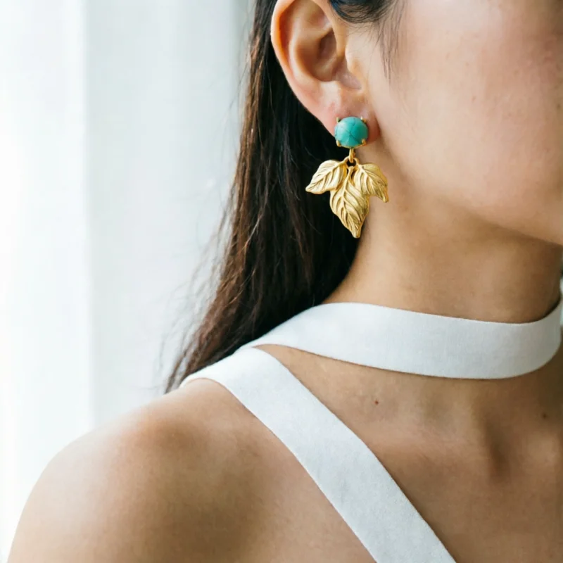 Bohemian Style Synthetic Turquoise Maple Leaf Golden Dangle Earrings for Women Vintage Elegant Banquet Party Jewelry Accessories