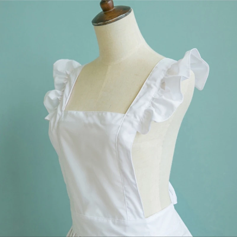 Womens Girls Ruffles Outline Retro White Apron with Pockets Adjustable Victorian Bib Maid Cosplay Kitchen Baking Costume