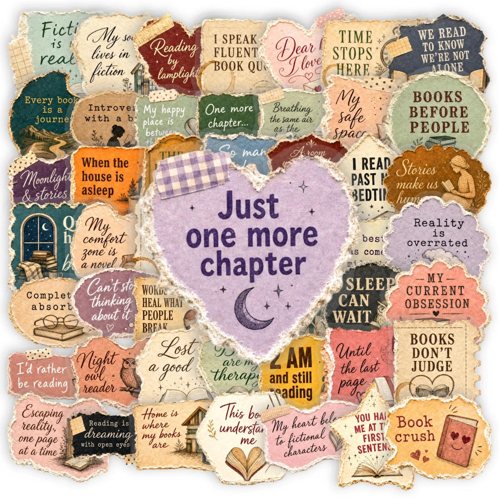 50 PCS Retro Torn Edge Reading English Stickers Transparent PET Book Lover Literary Quote Hand Account Collage Waterproof Decals