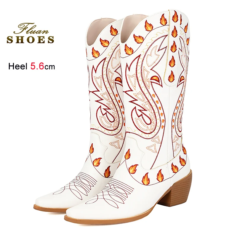 

Western Women Mid-calf Boots Spring Autumn 5.6CM Thick Heel Fashion pointy Cowboy Boots Vintage White Casual Embroidery Shoes CD