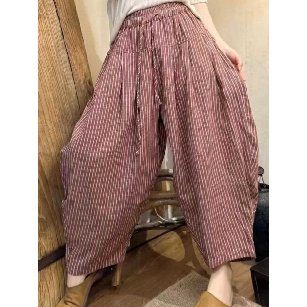 

2024 Summer Niche Striped Loose Cotton Linen Radish Pants Women Wide Leg Harem Pants LX1990